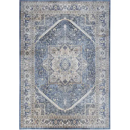 Blue and Ivory Floral Distressed Non Skid Area Rug Photo 2