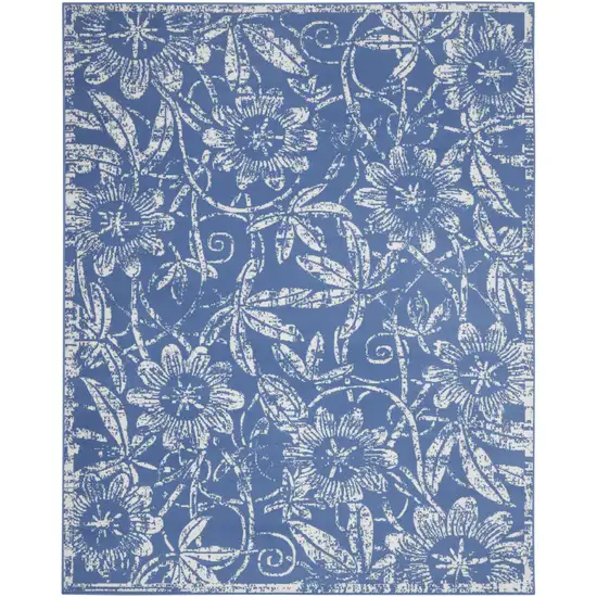 Blue and Ivory Floral Distressed Non Skid Area Rug Photo 2