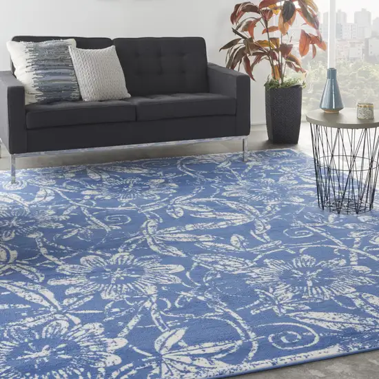 Blue and Ivory Floral Distressed Non Skid Area Rug Photo 8