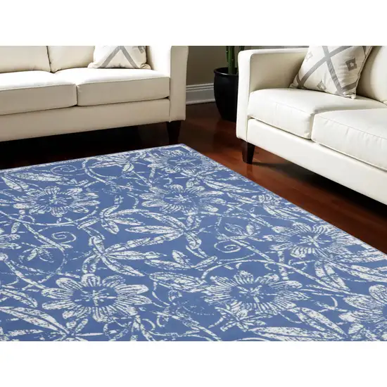 Blue and Ivory Floral Distressed Non Skid Area Rug Photo 1