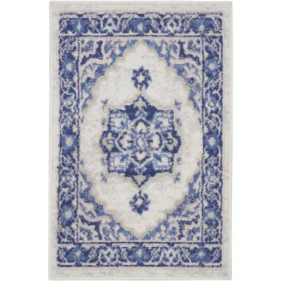 Blue and Ivory Floral Medallion Area Rug Photo 2