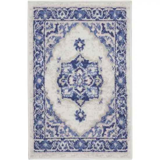 Blue and Ivory Floral Medallion Area Rug Photo 4