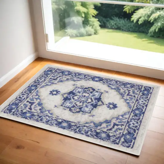 Blue and Ivory Floral Medallion Area Rug Photo 1