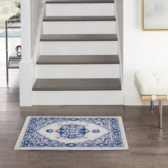 Blue and Ivory Floral Medallion Area Rug Photo 8