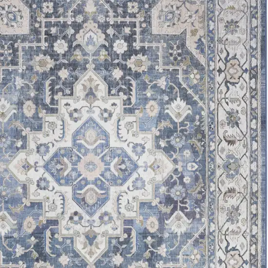 Blue and Ivory Floral Medallion Distressed Non Skid Area Rug Photo 6