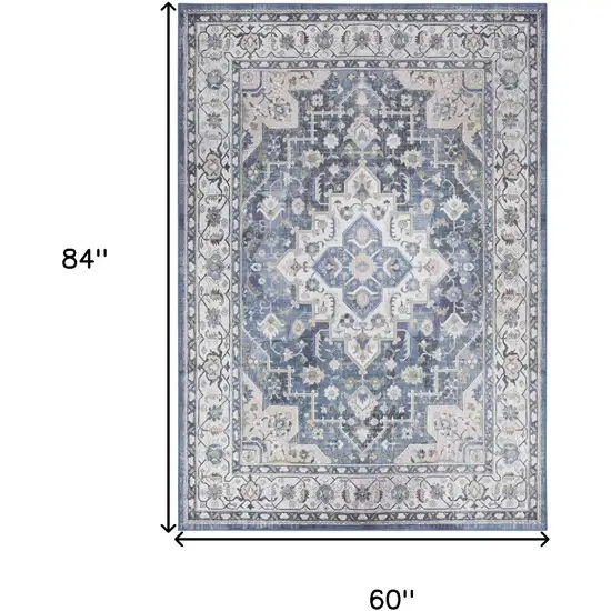 Blue and Ivory Floral Medallion Distressed Non Skid Area Rug Photo 3