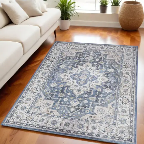 Blue and Ivory Floral Medallion Distressed Non Skid Area Rug Photo 1