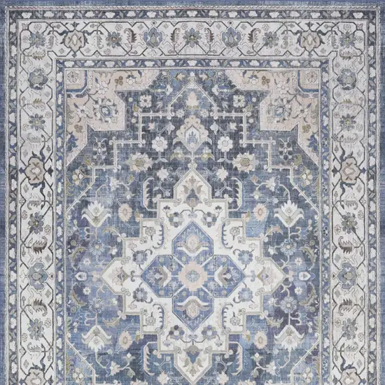 Blue and Ivory Floral Medallion Distressed Non Skid Area Rug Photo 7