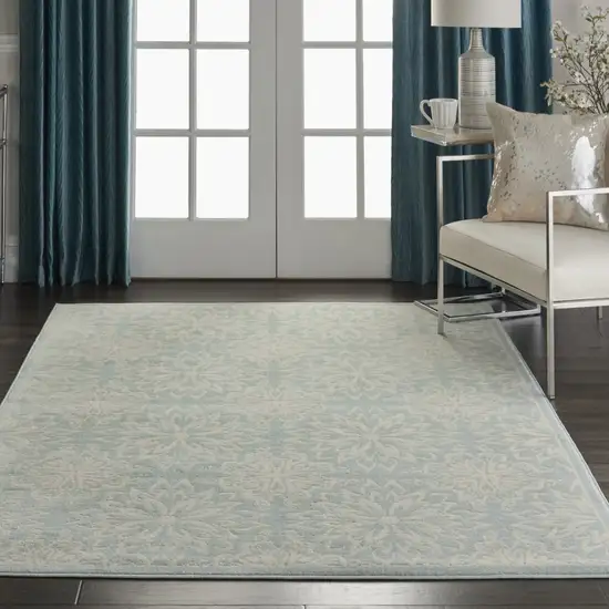 Blue and Ivory Floral Medallion Power Loom Area Rug Photo 7