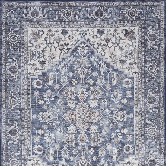 Blue and Ivory Floral Medallion Power Loom Distressed Area Rug Photo 8