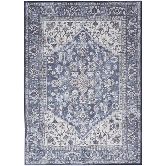 Blue and Ivory Floral Medallion Power Loom Distressed Area Rug Photo 2