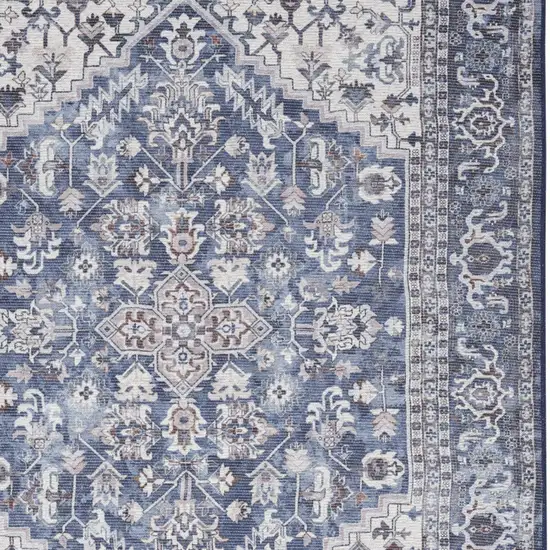 Blue and Ivory Floral Medallion Power Loom Distressed Area Rug Photo 7