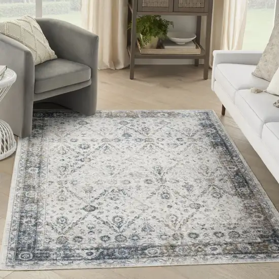 Blue and Ivory Floral Medallion Power Loom Distressed Washable Area Rug Photo 8