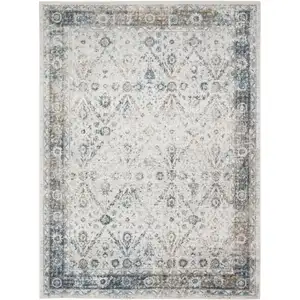 Photo of Blue and Ivory Floral Medallion Power Loom Distressed Washable Area Rug