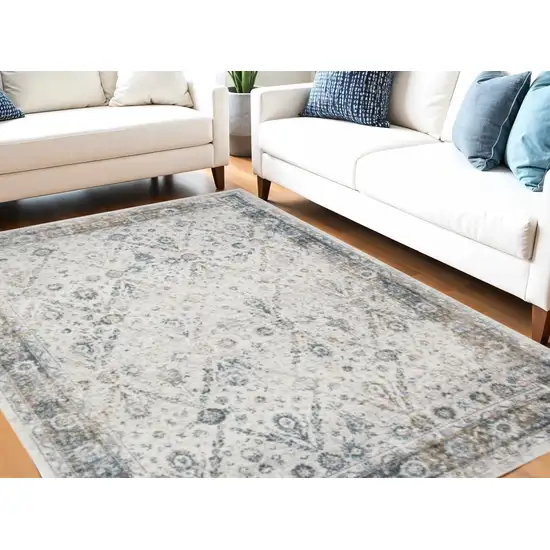 Blue and Ivory Floral Medallion Power Loom Distressed Washable Area Rug Photo 2