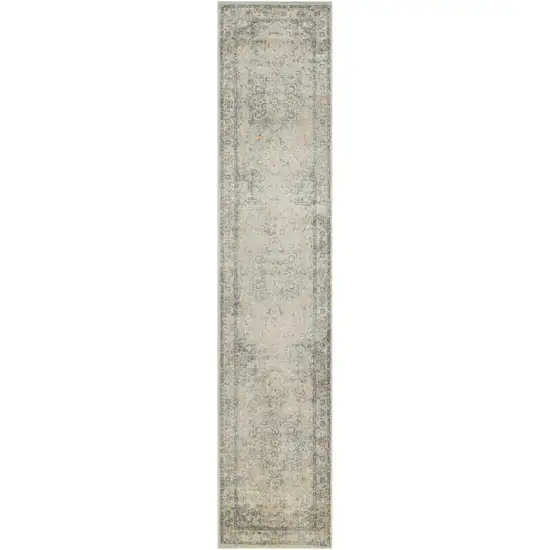 Blue and Ivory Floral Medallion Power Loom Distressed Washable Runner Rug Photo 2