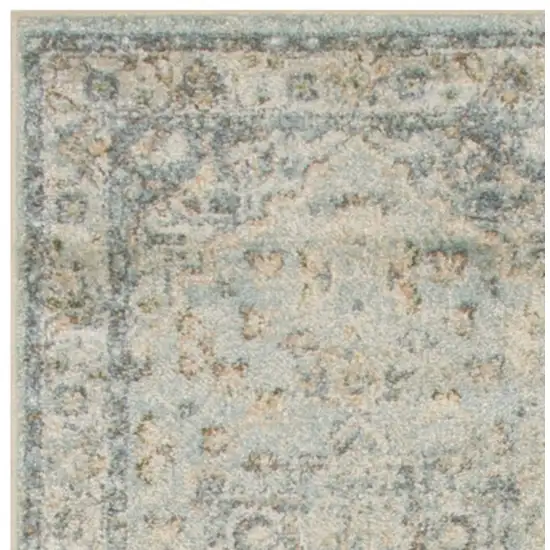 Blue and Ivory Floral Medallion Power Loom Distressed Washable Runner Rug Photo 7