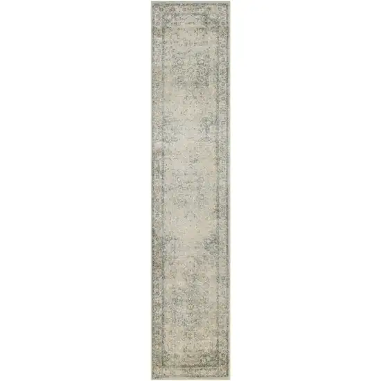 Blue and Ivory Floral Medallion Power Loom Distressed Washable Runner Rug Photo 2