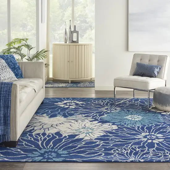 Blue and Ivory Floral Power Loom Area Rug Photo 9