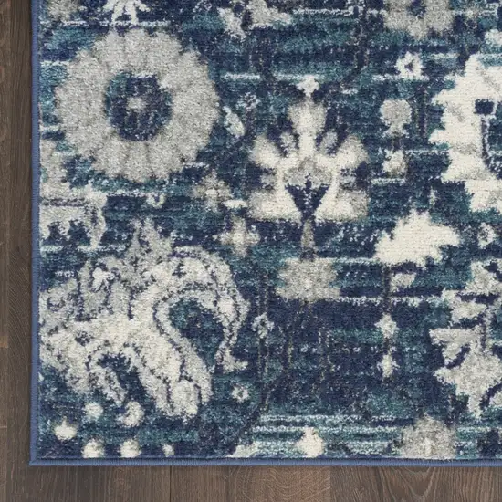 Blue and Ivory Floral Power Loom Distressed Runner Rug Photo 3