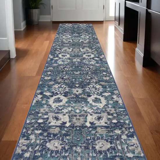 Blue and Ivory Floral Power Loom Distressed Runner Rug Photo 1