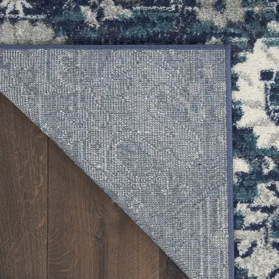 Blue and Ivory Floral Power Loom Distressed Runner Rug Photo 4