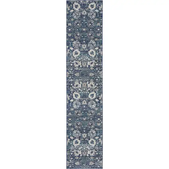 Blue and Ivory Floral Power Loom Distressed Runner Rug Photo 2