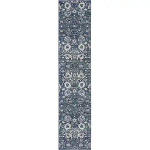 Photo of Blue and Ivory Floral Power Loom Distressed Runner Rug