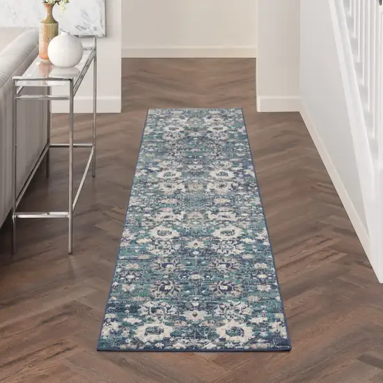 Blue and Ivory Floral Power Loom Distressed Runner Rug Photo 7