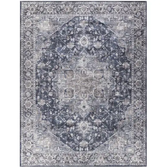 Blue and Ivory Floral Power Loom Distressed Washable Area Rug Photo 1