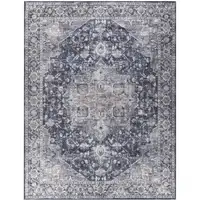 Photo of Blue and Ivory Floral Power Loom Distressed Washable Area Rug