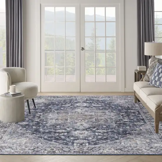 Blue and Ivory Floral Power Loom Distressed Washable Area Rug Photo 8