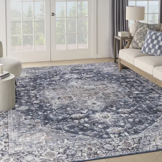 Blue and Ivory Floral Power Loom Distressed Washable Area Rug Photo 7