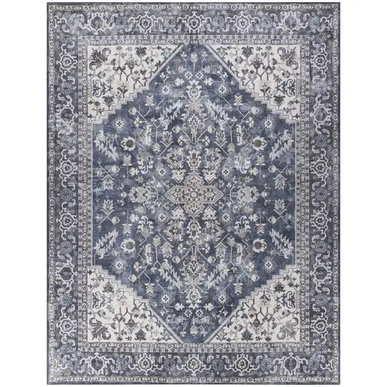 Blue and Ivory Floral Power Loom Distressed Washable Area Rug Photo 1