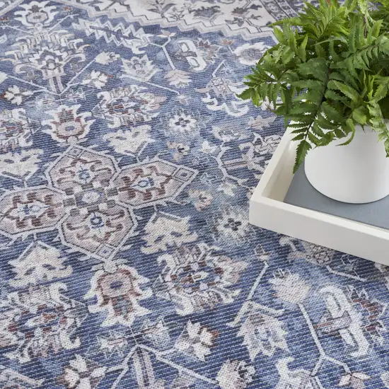 Blue and Ivory Floral Power Loom Distressed Washable Area Rug Photo 7