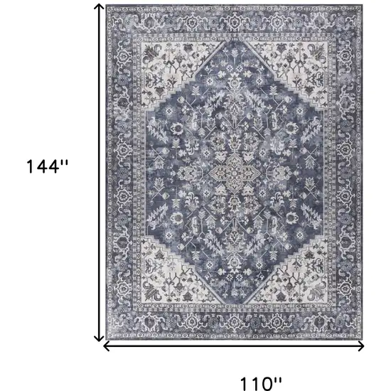 Blue and Ivory Floral Power Loom Distressed Washable Area Rug Photo 9