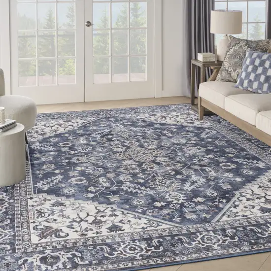 Blue and Ivory Floral Power Loom Distressed Washable Area Rug Photo 6