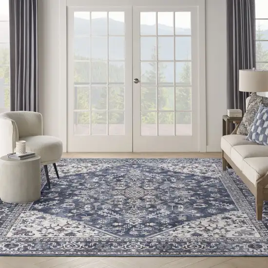 Blue and Ivory Floral Power Loom Distressed Washable Area Rug Photo 8