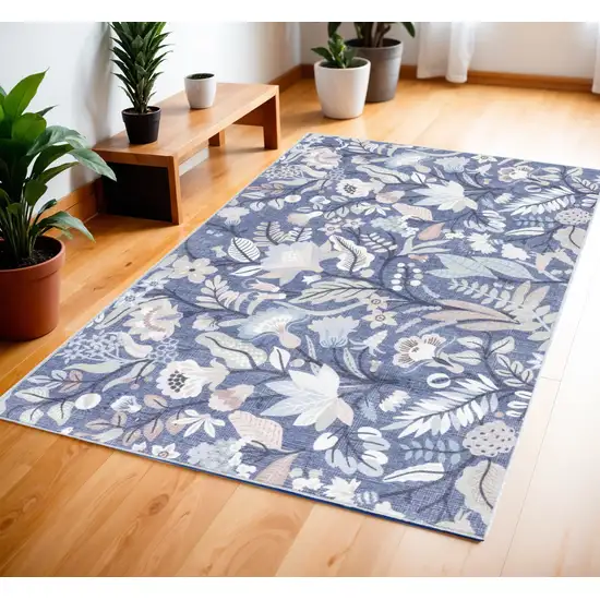 Blue and Ivory Floral Power Loom Washable Non Skid Area Rug Photo 1