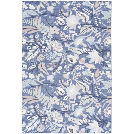 Blue and Ivory Floral Power Loom Washable Non Skid Area Rug Photo 2