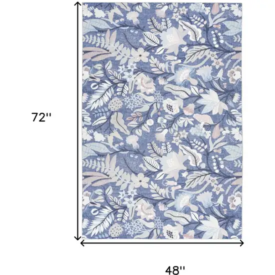 Blue and Ivory Floral Power Loom Washable Non Skid Area Rug Photo 3