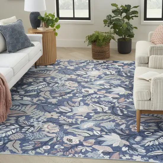 Blue and Ivory Floral Power Loom Washable Non Skid Area Rug Photo 9