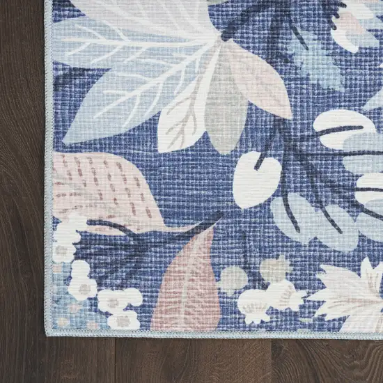 Blue and Ivory Floral Power Loom Washable Non Skid Area Rug Photo 4