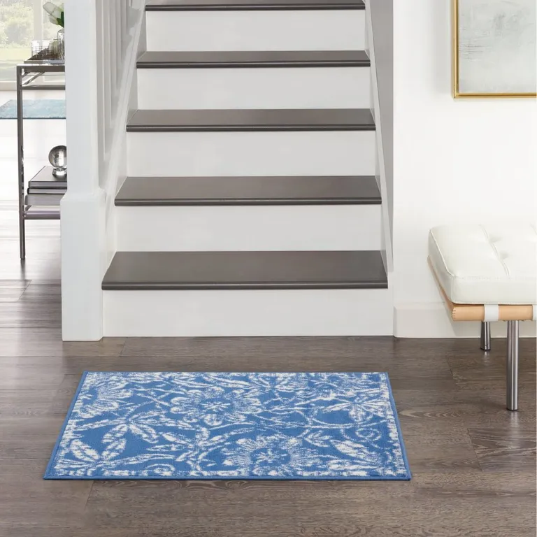 Blue and Ivory Floral Vines Area Rug Photo 1