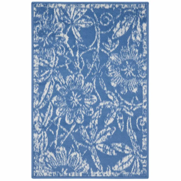 Blue and Ivory Floral Vines Area Rug Photo 3