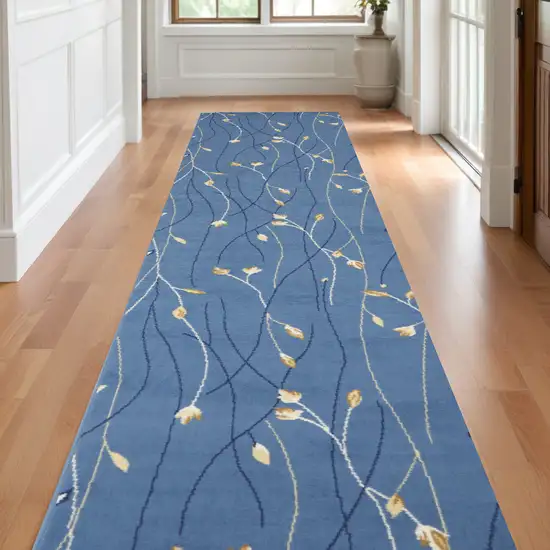 Blue and Ivory Floral Vines Power Loom Runner Rug Photo 1