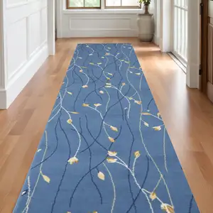 Photo of Blue and Ivory Floral Vines Power Loom Runner Rug