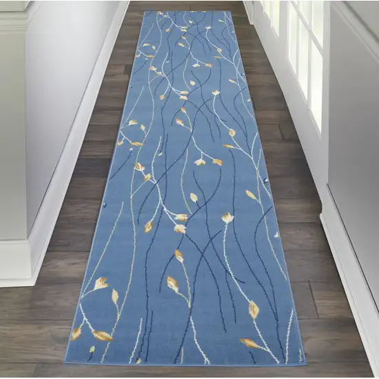 Blue and Ivory Floral Vines Power Loom Runner Rug Photo 9