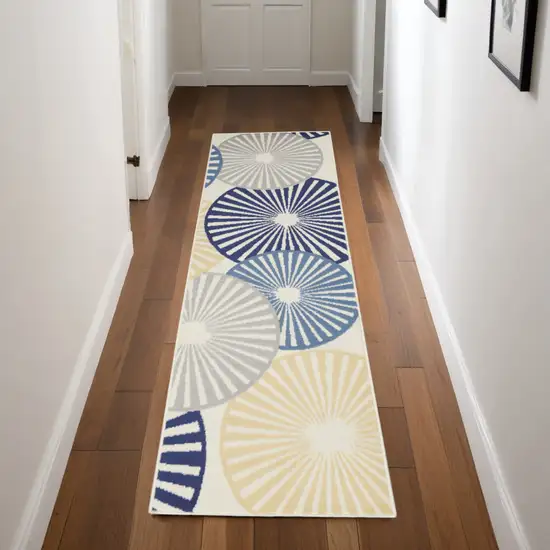 Blue and Ivory Geometric Power Loom Runner Rug Photo 1