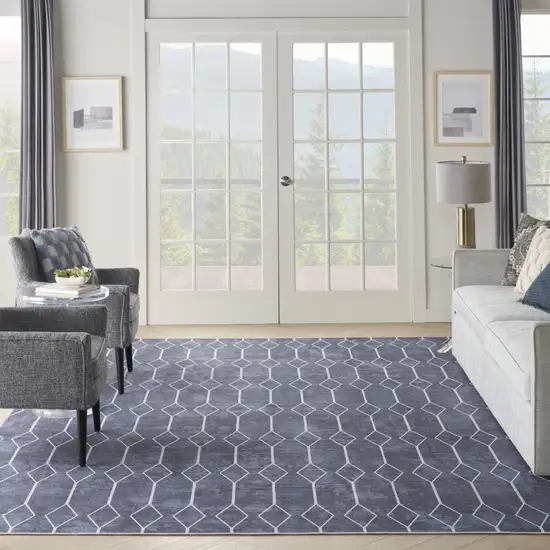 Blue and Ivory Geometric Power Loom Washable Area Rug Photo 9